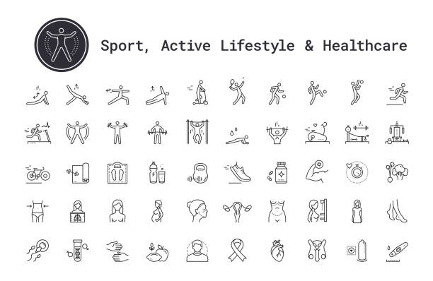 Healthcare, Medicine, Sport, Fitness, Bodybuilding, Yoga, Sport, Gym Equipment Linear Icons Set. Vector Illustration Clip Art Collection Isolated On White Background. Healthcare, medicine, sport and fitness workout vector icons set. People health, medicine, healthy lifestyle symbols. Sport, fitness equipment, gym exercise, yoga logo for web, apps. Thin line icons with editable strokes. jumping jacks stock illustrations