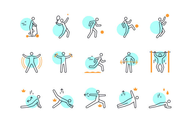 Sport, Bodybuilding, Yoga and Fitness Vector Icons Set. Vector Illustration Clip Art Collection Isolated On White Background. Sport, fitness equipment, gym exercise, yoga high detailed thin line icons with editable strokes. Modern flat linear logo for web, apps. Gym equipment, sports lifestyle, recreation activity pictogram. jumping jacks stock illustrations
