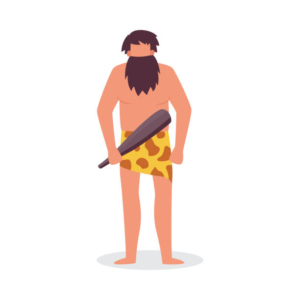 cartoon caveman z brodą ubrany w lampart futro i trzymający drewnianego nietoperza - loin cloth stock illustrations