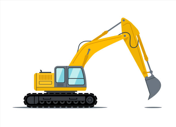 ilustraciones, imágenes clip art, dibujos animados e iconos de stock de dibujos animados amarillo y negro excavadora construcción de vehículos de servicio pesado para el diseño del sitio. - earth mover bulldozer construction equipment digging