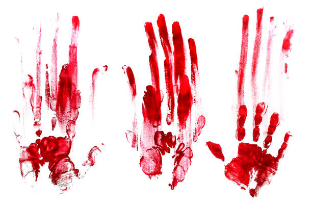 impronte di mano insanguinati, sfondo bianco. rosso. - sangue foto e immagini stock