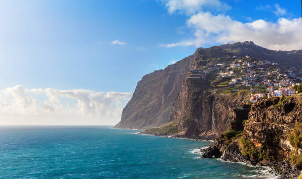 View of Cabo Girao cliff and Camara de Lobos town View of Cabo Girao cliff and Camara de Lobos town tropical agave plants in foreground, Madeira island, Portugal point lobos state reserve stock pictures, royalty-free photos & images