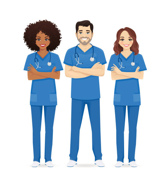 gruppe der krankenschwesternzeichen - medizinerkleidung stock-grafiken, -clipart, -cartoons und -symbole