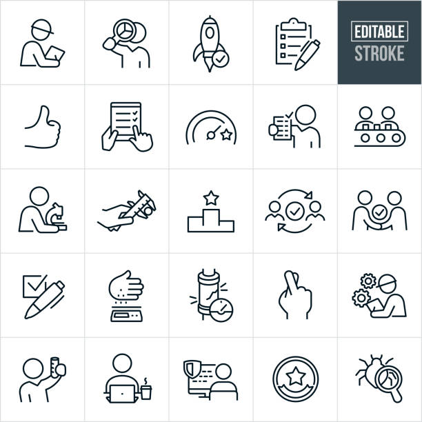 Quality Control Thin Line Icons - Editable Stroke A set of quality control icons that include editable strokes or outlines using the EPS vector file. The icons include engineers and inspectors performing quality control measures, an inspector with notepad and pen while wearing a hardhat, worker holding magnifying glass while viewing pie chart, a rocket ship approved to launch, checklist, thumbs up, quality check, goal gauge, assembly line, conveyor belt, working class working, scientist using microscope, measuring caliper, scale, stress test, fingers crossed, engineer with cogs, scientist with test tube, worker at computer, computer bug and other related quality control icons. manufacturing stock illustrations