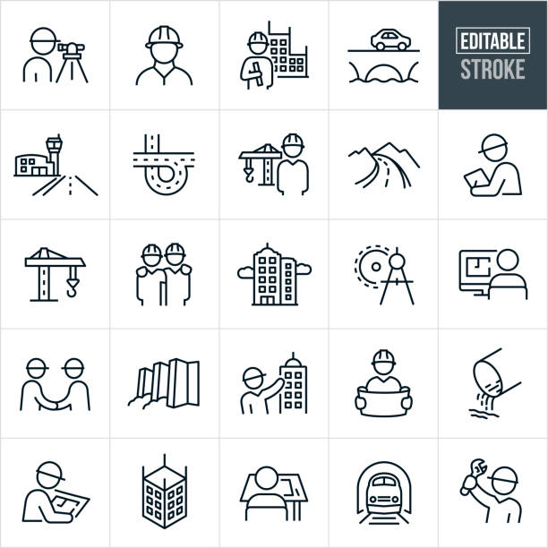 A set of civil engineering icons that include editable strokes or outlines using the EPS vector file. The icons include engineers, surveyor, engineer holding blueprint with building in background, bridge with car driving over it, airport runway, freeway, engineer with construction crane in the background, country road, engineer with hardhat, construction crane, skyscraper, drawing compass, architect, two engineers shaking hands, dam with water, architect point to high rise building, architect holding plans, drainage pipe, person at drafting table, train in tunnel and an engineer holding up a wrench to name a few.