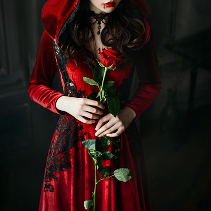 Retrato Primer Plano Silueta Gótica Mística Vampiro Mujer Vestido Largo De  Lujo Capucha Collar Vintage La Reina Medieval Sostiene La Rosa Roja En Las  Manos Pelo Ondulado Negro Maquillaje Festivo De Halloween