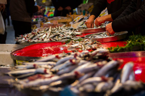 Fish Market And People In Bazaar stock photo