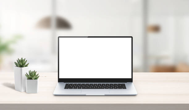 istock Laptop mockup on work desk. Office desk, business composition. Isolated screen for app or web site design presentation. Scene creator with isolated layers 1217453684