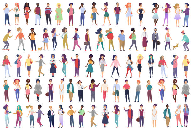 Fashionable group of male and female cartoon characters dressed in trendy clothing in different poses. Crowd of tiny people wearing stylish clothes flat gradient color vector illustration. Fashionable group of male and female cartoon characters dressed in trendy clothing in different poses. Crowd of tiny people wearing stylish clothes flat gradient color vector illustration bundle illustrations stock illustrations