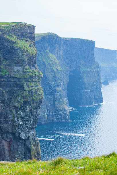 View looking south at the Cliffs of Moher in Ireland. located at the southwestern edge of the Burren region in County Clare, Ireland.They run for about 14 kilometres (9 miles). They are roughly 390 ft above the Atlantic Ocean
