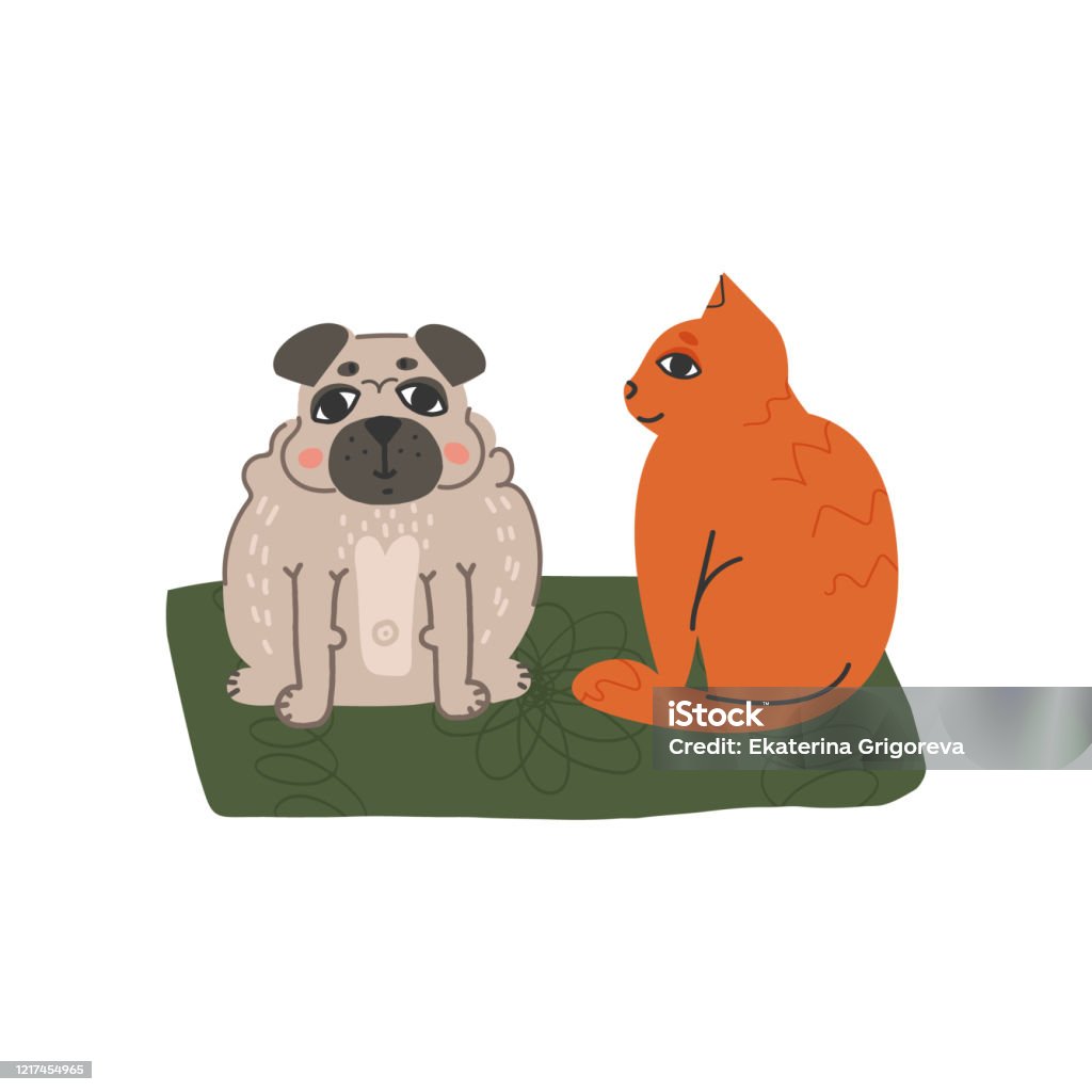 Cute And Funny Pets Fat Pug And Its Friend Red Cat Sits On Mat Nearby Flat  Hand Drawn Isolated Illustration Stock Illustration - Download Image Now -  iStock