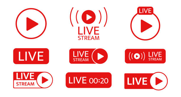 stockillustraties, clipart, cartoons en iconen met live stream-pictogramset. sjabloon voor sociale media. live streaming, video, nieuwssymbool op transparante achtergrond. omroep, online stream. afspeelknop. sociaal netwerk teken. vectorillustratie - live evenement illustraties