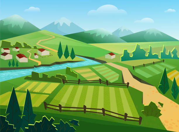 zielone pola i góry płaskie ilustracje wektorowe - mountain landscape mountain peak small stock illustrations