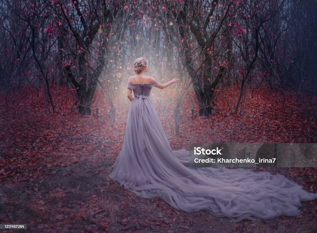 art photo young beauty woman queen. autumn purple mystic tree. fantasy entrance world magic divine glowing in dark deep forest. lady princess in elegant vintage dress, long train back medieval clothes Fantasy Stock Photo