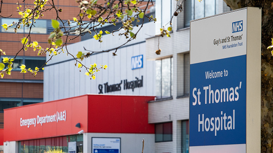 London, UK - April 7th 2020: Signs outside of the A&E where the Prime Minister is being treated