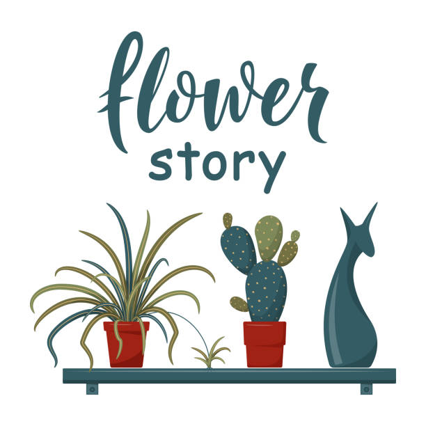 Flower story lettering inscription with set of home plants and decorative elements Flower story lettering inscription with set of home plants and decorative elements. Interior potted plants, trendy home decor, stylish office interior. For banner, poster, card.  Vector illustration spider plant animal stock illustrations