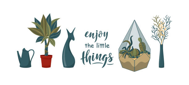 Enjoy the little things lettering inscription with set of decorative elements Enjoy the little things lettering inscription with set of decorative elements. Interior potted plants, florarium, vase, figurine. Stylish home decor. Vector illustration. Stay home concept spider plant animal stock illustrations