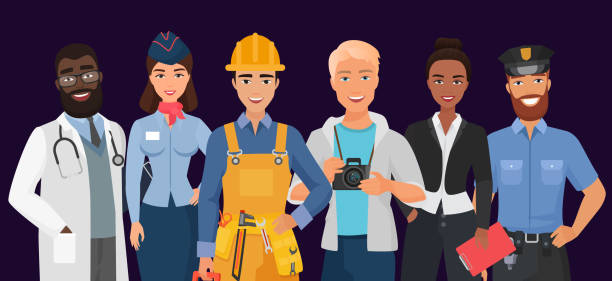 ilustrações de stock, clip art, desenhos animados e ícones de collection of men and women people workers of various different occupations or profession wearing professional uniform set. doctor, stewardess, builder, photographer, business woman, police officer. - various occupations illustrations