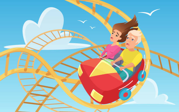 мужчина и женщина на американских горках плоский вектор иллюстрации - rollercoaster carnival amusement park ride screaming stock illustrations