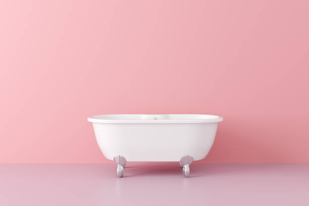istock New bath tub in vintage style in empty pink room. 1217461807
