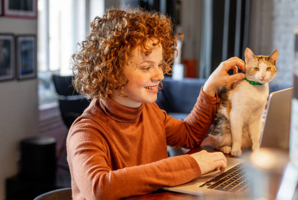 istock Young woman with cat using laptop 1217462490
