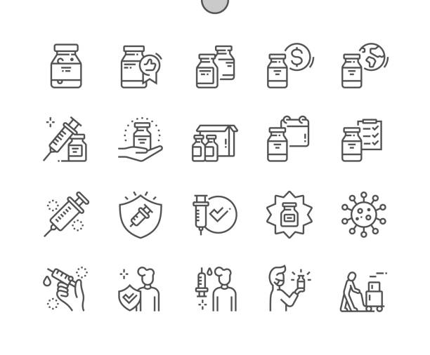 illustrations, cliparts, dessins animés et icônes de vaccin coronavirus bien conçu pixel perfect vector thin line icons 30 2x grid pour web graphics and apps. pictogramme minimal simple - syringe injecting vaccination healthcare and medicine