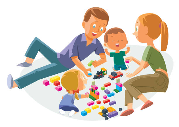 illustrazioni stock, clip art, cartoni animati e icone di tendenza di genitori felici con bambini che giocano a casa - people living room mother son