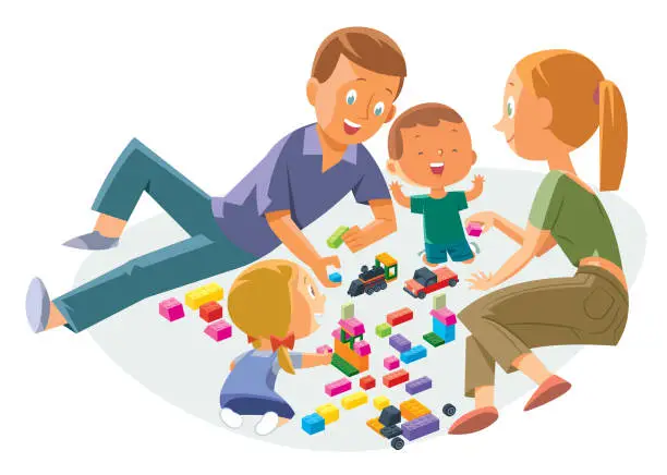 Vector illustration of Happy Parents with Children Playing Game at Home