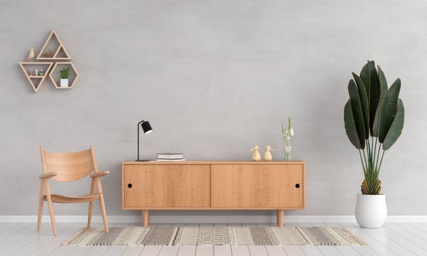 sideboard und stuhl im wohnzimmer für mockup, 3d-rendering - sideboard stock-fotos und bilder