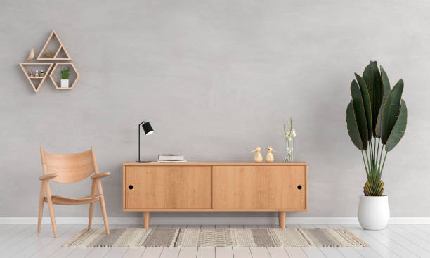sideboard and chair in living room for mockup, 3d rendering - sideboard imagens e fotografias de stock