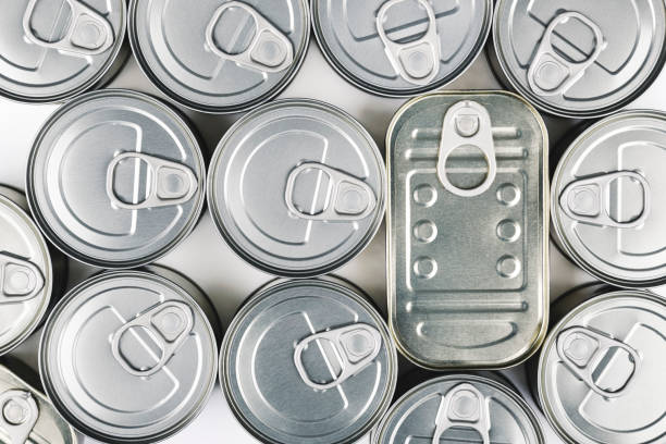 Top view of a lot of canned food stored at home stock photo