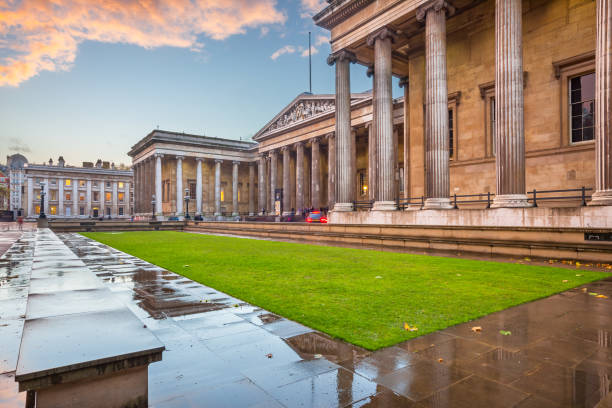 The front facade of the British Museum in London England UK after rain at sunset.