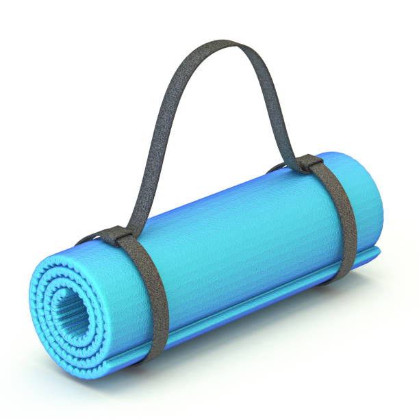 Blue yoga gym floor mat 3D Blue yoga gym floor mat 3D render illustration isolated on white background beach mat stock pictures, royalty-free photos & images