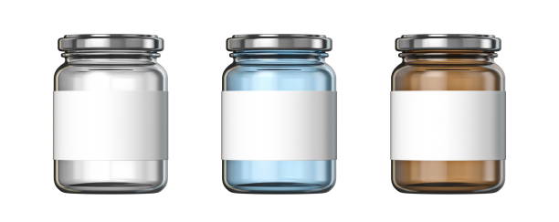白、青、茶色の大きなガラス瓶白いラベル3d - can label blank packaging ストックフォトと画像