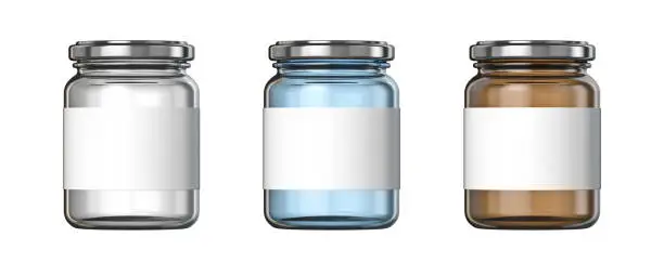 Photo of White, blue and brown big glass jars white label 3D