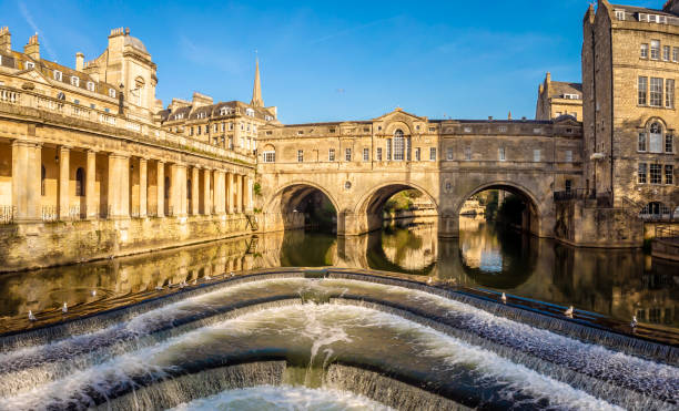 Aerial view of Pulteney bridge in Bath, England Aerial view of Pulteney bridge in Bath, England bath england stock pictures, royalty-free photos & images