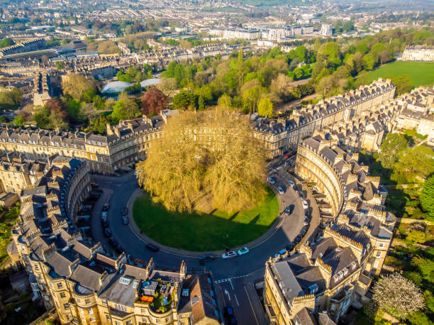 Aerial view of  famous the circus building in Bath, England Aerial view of  famous the circus building in Bath, England bath england photos stock pictures, royalty-free photos & images
