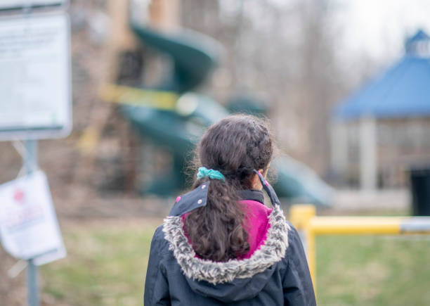 istock Little girl visits closed park. 1217467898