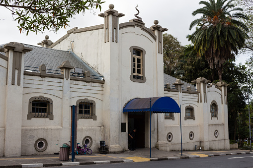 Sao Paulo, SP, Brazil - October 06, 2019: Building of the Biological Museum at Butantan Institute, which houses living attractions such as snakes, lizards, iguanas, spiders and scorpions.