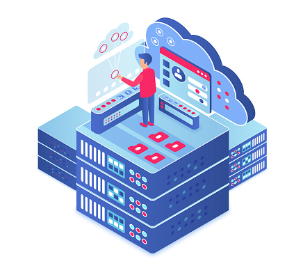 Cloud computing isometric vector illustration. Information storage technology. Server maintenance. Upload and share information service. Digital platform. Database cartoon conceptual design element