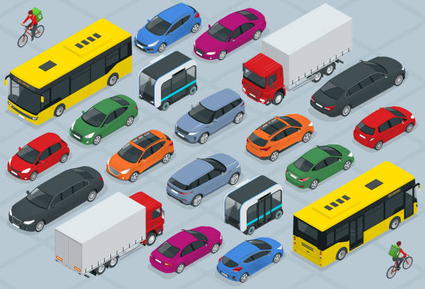 plochá 3d izometrická vysoce kvalitní sada ikon městské dopravy. autobus, kurýr jízdních kol, sedan, dodávka, nákladní vůz, terénní, kolo, mini a sportovní auta. městská veřejná a nákladní vehihle - hybridní pohon auto na alternativní palivo stock ilustrace