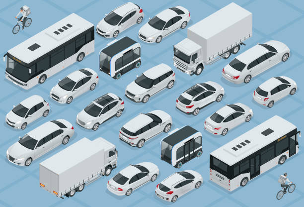 plochá 3d izometrická vysoce kvalitní sada ikon městské dopravy. autobus, kurýr jízdních kol, sedan, dodávka, nákladní vůz, terénní, kolo, mini a sportovní auta. městská veřejná a nákladní vehihle - hybridní pohon vozidlem na alternativní paliva stock ilustrace