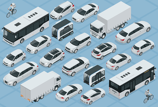 Flat 3d isometric high quality city transport car icon set. Bus, bicycle courier, Sedan, van, cargo truck, off-road, bike, mini and sport cars. Urban public and freight vehihle.