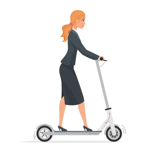 Vector illustration of Business woman on electric scooter flat vector illustration