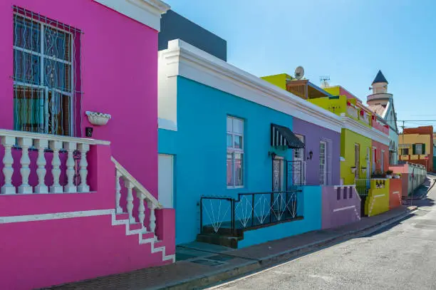 Colorful street view of the Malay quarter of Bo Kaap with its traditional architecture, Cape Town, South Africa.