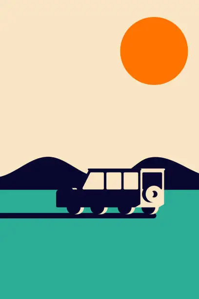 Vector illustration of Geometric mountain landscape with car simple minimal vintage retro style