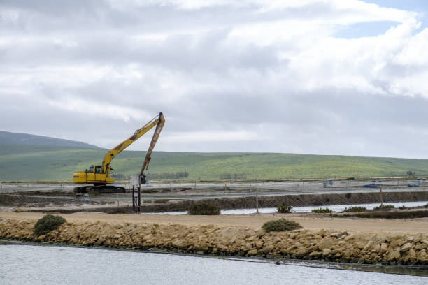 istock Aquatic landscape with yellow construction crane 1217475294