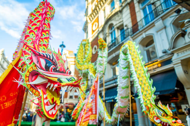 Dragon dance at chinese new year celebrations in London stock photo