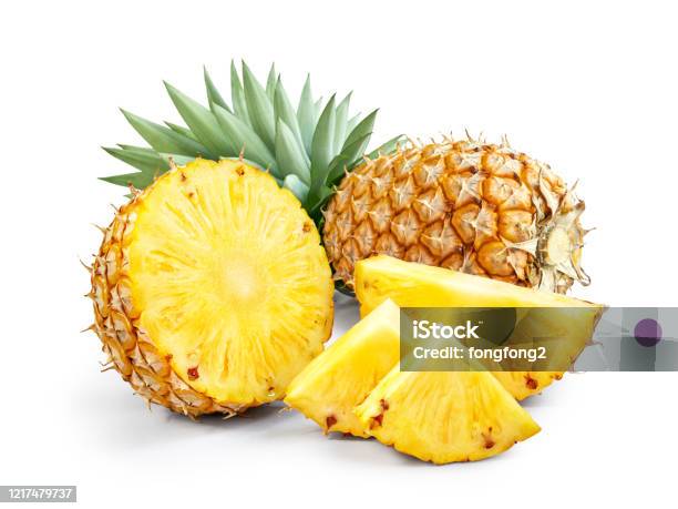 Pineapple With Slices Isolated On White Background Stock Photo - Download Image Now - Pineapple, White Background, Slice of Food
