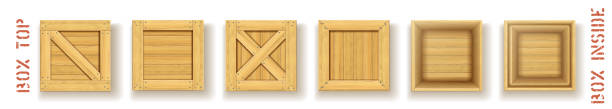 Wood containers top view vector object set Realistic wooden boxes on white background. Mock up for closed timber containers with drop shadow. Product packaging variation. Supply storage in warehouse with shape options wood box stock illustrations